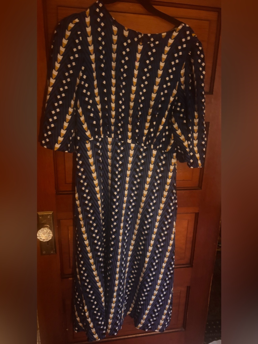 The Odells Anthropologie Blue Geometric Midi Dress Medium Bell Sleeve Rayon